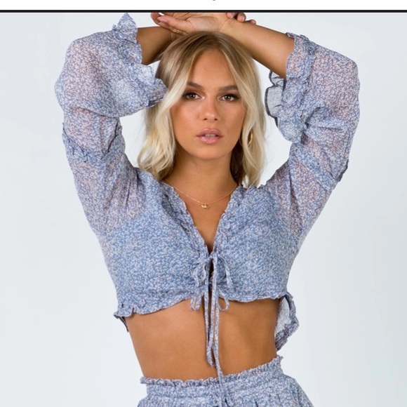 Princess Polly Tops - Princess Polly sheer blue floral tie up crop top